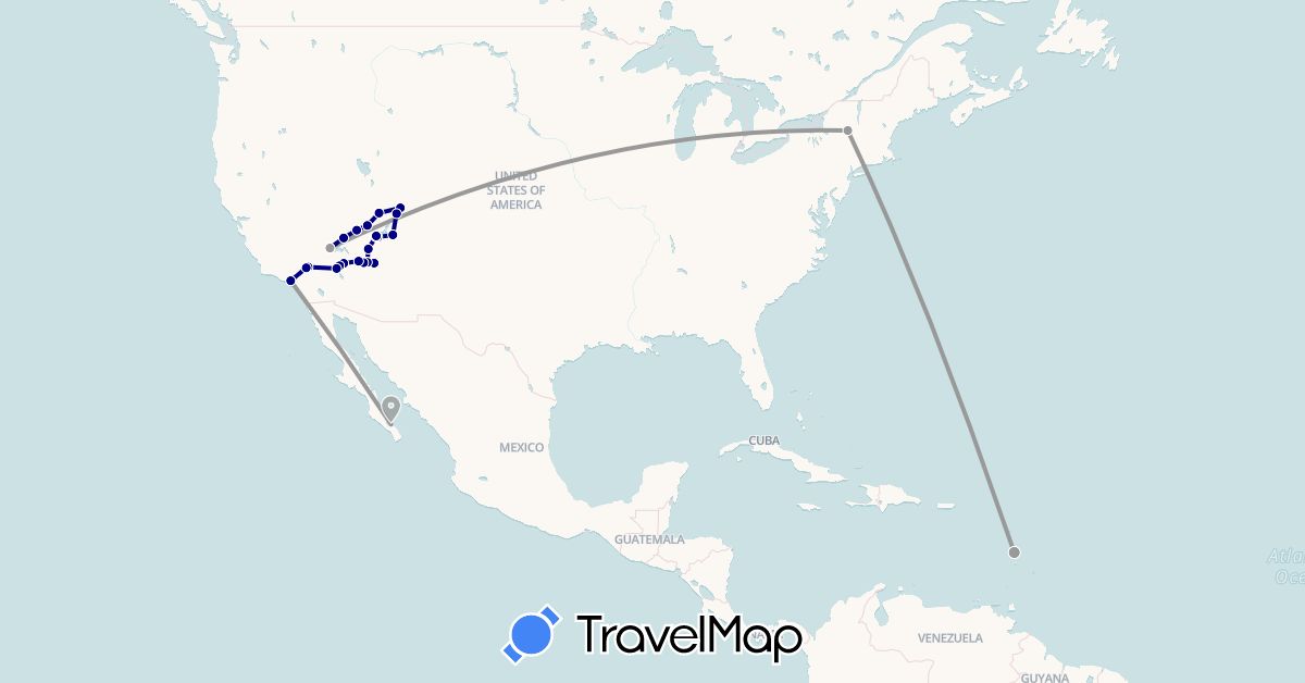 TravelMap itinerary: driving, plane in Martinique, Mexico, United States (North America)
